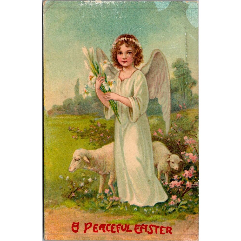 A Peaceful Easter Angel with Lilies and Lambs Vintage Postcard SP17-26